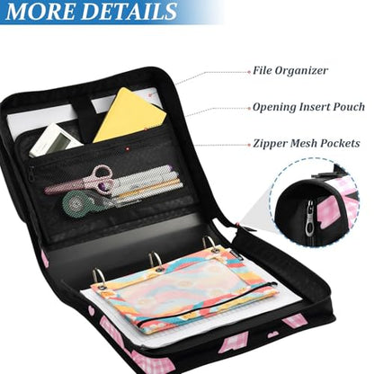 3 Ring Zipper Binder with Shoulder Strap Pink Bow Heart 2 Inch Zippered Binder Bag 500 Sheet Capacity Multi Pockets for School Supplies - color: Multi25