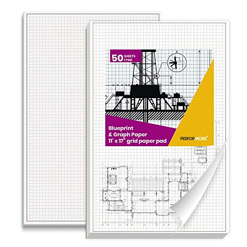 Performore 2 Pack of Grid Paper Pads, 50 Sheets per Pad 11" x 17" Graph Paper Glue Top Binding Double Sided 4x4 Quadrille White Paper for Engineering Or Technical Drawings, Blueprint, Drafting - size: 11" X 17" - 2 Pack
