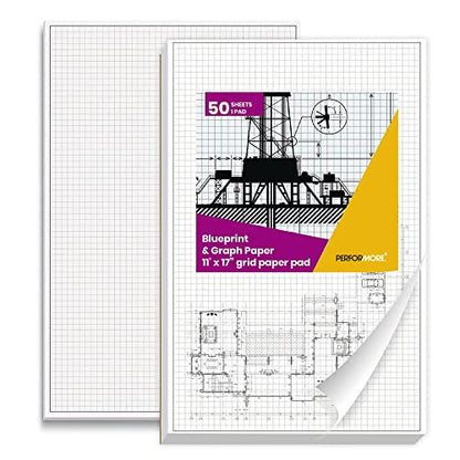 Performore 2 Pack of Grid Paper Pads, 50 Sheets per Pad 11" x 17" Graph Paper Glue Top Binding Double Sided 4x4 Quadrille White Paper for Engineering Or Technical Drawings, Blueprint, Drafting - size: 11" X 17" - 2 Pack