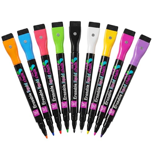 Erasable Markers for LED Acrylic Board, 9 Pack Magnetic Neon Chalk Markers 3mm Fine Tip Dry Wet Erase Pens with Built-in Cap Eraser, Bright Neon Colors for Glass Whiteboard Calendar Mirror Window