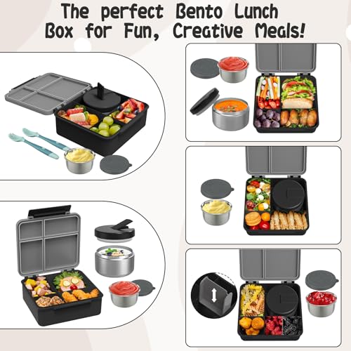 Aimsnk Kids Lunch Box with Thermo Insulated Lunch Bag for School, Black | Kids Bento Lunch Box with 8oz Food Jar, Leak Proof Hot Soup Lunch Containers with 4 Compartment, Warm Lunchbox for Toddler - color: Black