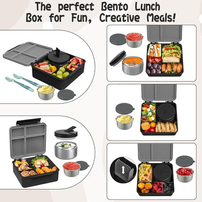 Aimsnk Kids Lunch Box with Thermo Insulated Lunch Bag for School, Black | Kids Bento Lunch Box with 8oz Food Jar, Leak Proof Hot Soup Lunch Containers with 4 Compartment, Warm Lunchbox for Toddler - color: Black