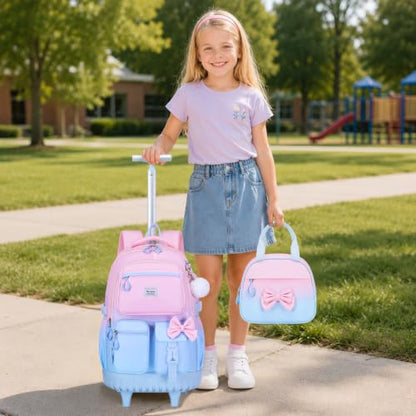 Bevalsa Rolling Backpack for Girls, Roller Backpack with Wheels, Cute Bow Wheeled School Bookbag Set with Lunch Bag & Pen Case, Suitcases for Kids Teens Elementary Middle Student (Pink Blue) - color: Pink Blue