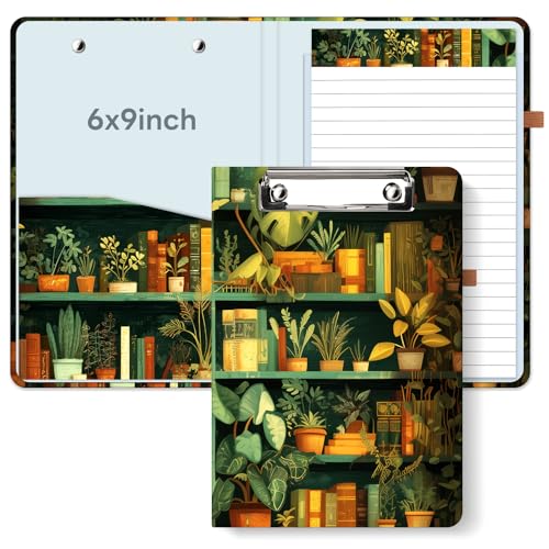 A5 Clipboard Folio 6x9in Refillable for School, Green Bookself | No-spiral reusable notepad portfolio with sturdy cardboard cover, Travel-friendly for work, school and office - color: Green Bookself