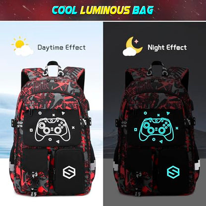 Scothen Boys Backpack, Cool Luminous School Backpacks for Boys with Lunch Bag Pencil Case, Kids Backpack Kindergarten Elementary Middle School Book Bags for Teen Boy Children with USB Charging Port - color: Black-red
