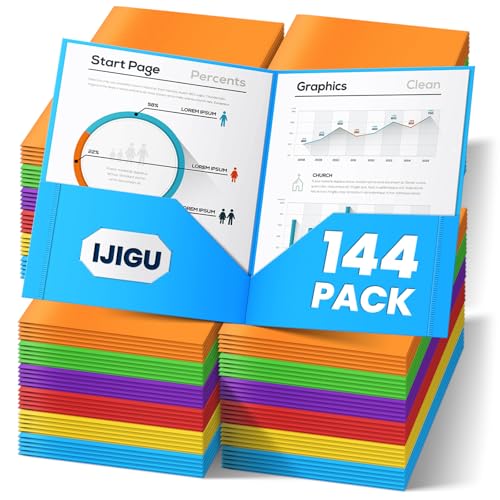 IJIGU 144 Packs Plastic 2 Pocket Folders, Bulk Heavy Duty Folder in 6 Colors, Durable and Sturdy Folders for School and Office Supplies