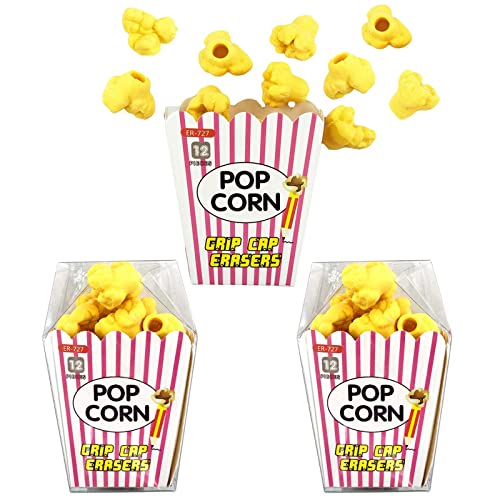 Pencil Top Erasers 36 Pack Popcorn Pencil Erasers Toppers Cap Erasers for Kids Cute Fun Novelty Food Erasers for Student School Supplies Prize Gifts Party Favors - style: Popcorn