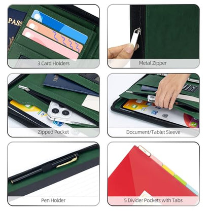Ospelelf Green Clipboard with Storage 3 Binder Leather Portfolio Folder with Zipper, 12.1” Tablet Sleeve, 5 Dividers with Pocket, Refillable Notepad, Card Slot - color: Green