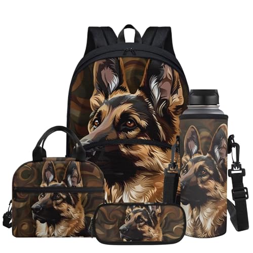 German Shepherd Print Kid's Backpack Set with Lunch Bag & Pen Bag & Water Bottle Sleeve, 17 Inch Large Capacity School Bag 4 in 1 - color: German Shepherd