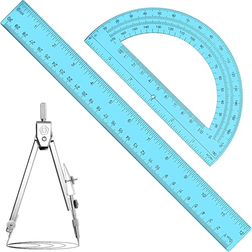 Zonon 3 Pcs Plastic Ruler 6 Inch Protractor Drawing Compass Set, Student Geometry Math Transparent Measuring Tools for Home School Classroom Office Supplies(12 Inch,Blue) - color: Blue, size: 12 Inch