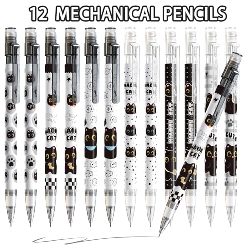 12Pcs Black Cute Cat Mechanical Pencils with Eraser 0.5mm Kawaii Cartoon Cat Mechanical Pencil School Pencil Cat Gifts for Women Man - style: cat black