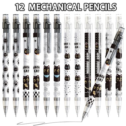 12Pcs Black Cute Cat Mechanical Pencils with Eraser 0.5mm Kawaii Cartoon Cat Mechanical Pencil School Pencil Cat Gifts for Women Man - style: cat black
