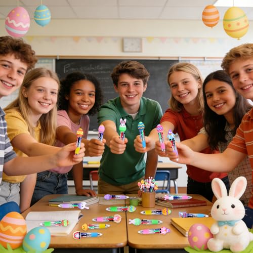 Vellibring 24PCS Easter Fun Pens Cute Multicolor Ballpoint Pens 4 Colors in 1 Kawaii Bunny Easter Egg Chicken Rainbows Gnome for Easter Party Favors Basket Stuffers School Supplies Students Rewards - style: Easter Eggs-24pcs