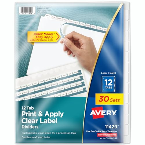 Avery 12-Tab Binder Dividers, Easy Print & Apply Clear Label Strip, Index Maker, White Tabs, 30 Sets Total (6 Packs of 11429)