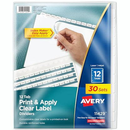 Avery 12-Tab Binder Dividers, Easy Print & Apply Clear Label Strip, Index Maker, White Tabs, 30 Sets Total (6 Packs of 11429)