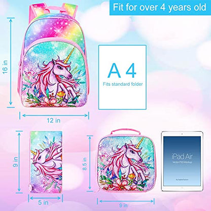 gxtvo 3PCS Girls Backpack, 16" Sequin Prechool Elementary Bookbag and Lunch Box - color: Unicorn Pink02