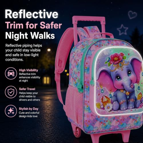 3Pcs Rolling Backpack for Girls, Kids Roller School Backpack with Wheels, Elephant Wheeled Bookbag for Elementary Preschool Kindergarten(Pink) - color: Elephant Pink