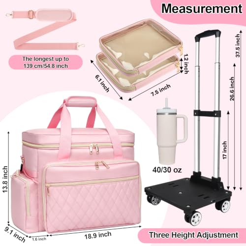 SIYNPAV 5-Wheeled Rolling Teacher Bag with Detachable Trolley, 15.6 Inch Laptop Sleeve & Accordion File Organizer, Large Capacity Teacher Tote with Cup Holder for School Office, Pink