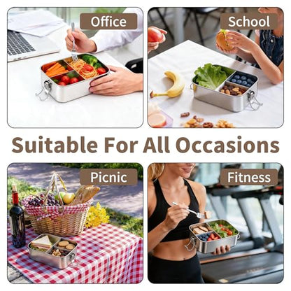 TeamFar 2 Pack Stainless Steel Bento Box, 47oz Metal Lunch Box | with 3 Compartments for Adults/Kids, Lunch Food Containers for School/Work/Meal Prep, Leak-Proof & Dishwasher Safe, 1400ML - size: 1400ML