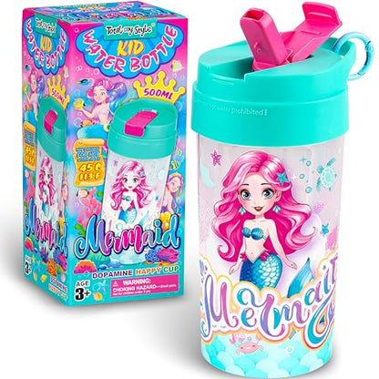 17oz Mermaid Kids Water Bottle, Total My Style Toddler Spout Cover and Carry Handle Design Lid Leak Proof BPA free Cup for Girls Ages 3+ Dishwasher Safe for Sports School Travel with Silicon Straw