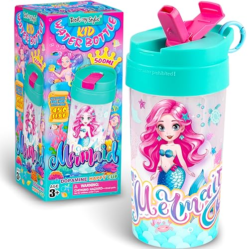 17oz Mermaid Kids Water Bottle, Total My Style Toddler Spout Cover and Carry Handle Design Lid Leak Proof BPA free Cup for Girls Ages 3+ Dishwasher Safe for Sports School Travel with Silicon Straw