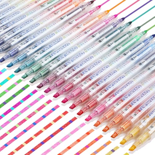 miikoul 24 Colors Dual Tip Highlighters Glitter Color Changing Highlighter Markers for Kids, Chisel and Bullet Tips Quick Dry Highlighter Pens for Bible Study, Adult Coloring, Easter Painting