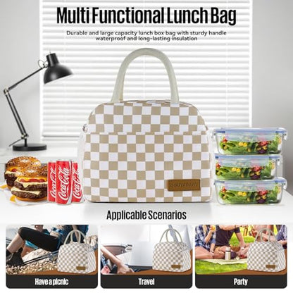 Lunch Bag Women/Men Lunch Box Women/Men (Khaki+White Checkerboard) | Spacious Lightweight Waterproof Sturdy Durable Great Value For Office Work School Picnic Travel - color: Khaki+White Checkerboard