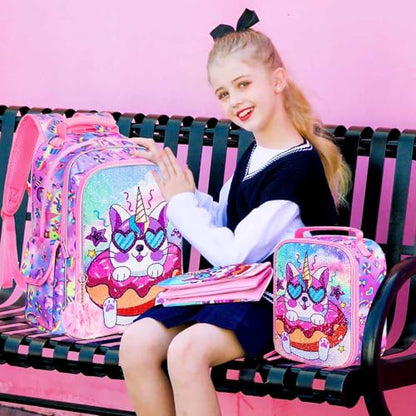 gxtvo 3PCS Girls Backpack, 16" Sequin Prechool Elementary Bookbag and Lunch Box - color: Upgraded Cat Pink