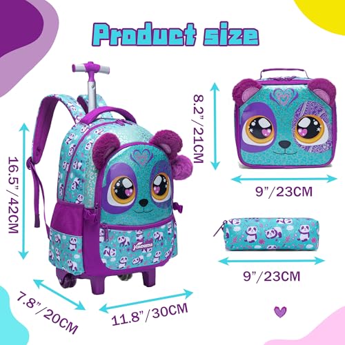 Cute Rolling Backpack for Girls Backpacks with Wheels for Elementary Students Kids 3 in 1 Travel Luggage Carry on Suitcase with Lunch Box for Girls Age 8-10 - color: Blue Purple