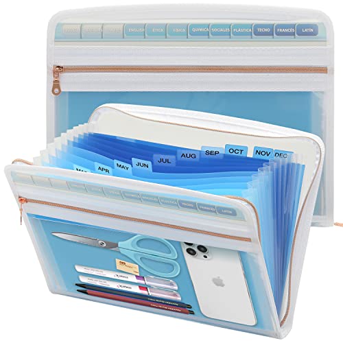 Mukawa 13 Pocket Zippered Expanding File, Zippered Accordion File Organizer, Accordion Folder with Zipper for Documents Letter Size A4 Papers (Blue) - color: Blue