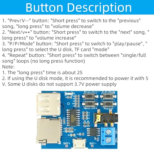 5Pcs MP3 Decoder Player Module | Small Amplifier, TF Card U Disk Play, Micro USB 5V Power Supply, Audio Amplifier