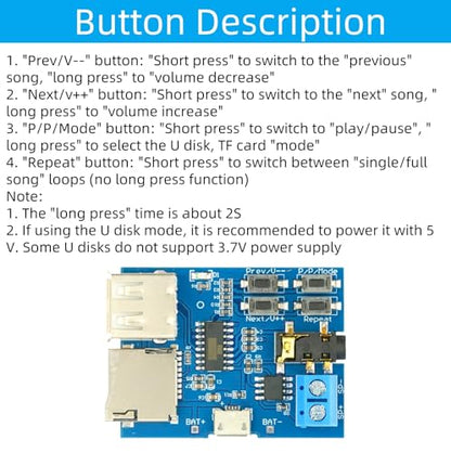 5Pcs MP3 Decoder Player Module | Small Amplifier, TF Card U Disk Play, Micro USB 5V Power Supply, Audio Amplifier
