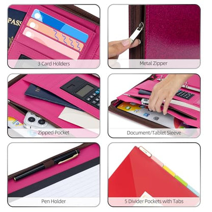 Ospelelf Zipper Clipboard with Storage, Leather Padfolio Portfolio Folder, 3 Ring Binder Dividers with Tabs, 12.1” Tablet Sleeve, Refillable Notepad, Card Slot (Rose Red) - color: Rose Red