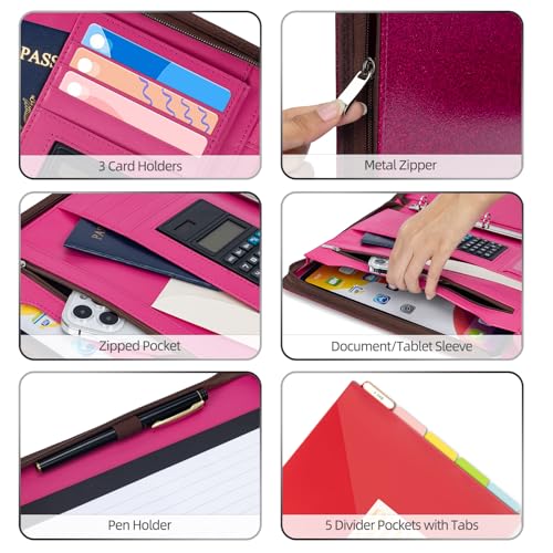 Ospelelf Zipper Clipboard with Storage, Leather Padfolio Portfolio Folder, 3 Ring Binder Dividers with Tabs, 12.1” Tablet Sleeve, Refillable Notepad, Card Slot (Rose Red) - color: Rose Red