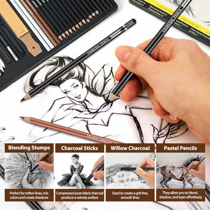 GETHPEN Sketch Pencils for Drawing,34 Pcs,Graphite Pencil (14B-4H), Charcoal Pencil,With Graphite Sticks, Erasers and Sharpener, Art Pencils for Sketching,Artist Set for Beginners and Professionals