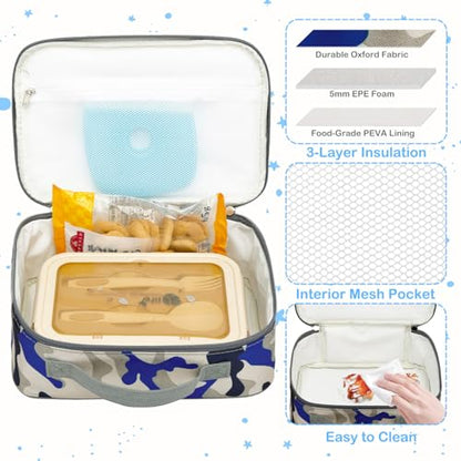 FlowFly Kids Lunch box Insulated Soft Bag Mini Cooler Back to School Thermal Meal Tote Kit for Girls, Boys,Blue Camo - color: Blue Camo