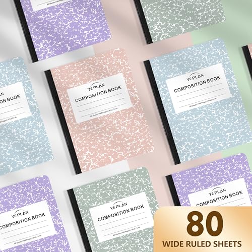Yeplan Composition Notebooks 4 pack, Wide Ruled Notebook Paper, 9 3/4" x 7 1/2", 80 Sheets/160 Pages, Aesthetic Marble Composition Notebook for School & Office Supplies (4, Pastel Marble Colors) - color: 4 Pastel Marble Colors