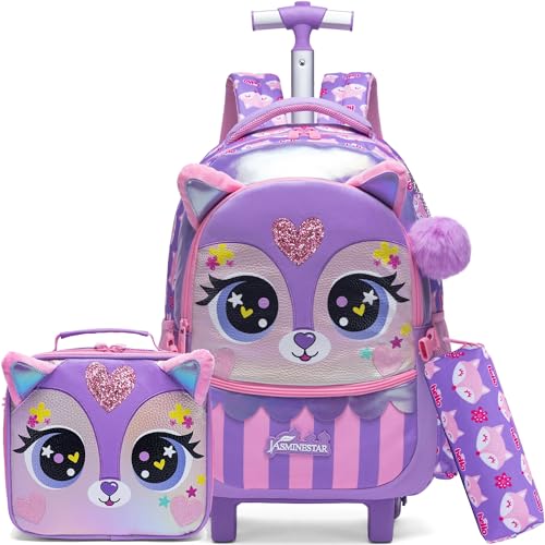 Meetbelify Rolling Backpack for Girls Backpacks with Wheels for Elementary Preschool Students Kids 3 in 1 Travel Luggage Carry on Suitcase for Girls Age 8-10 - color: Purple 01
