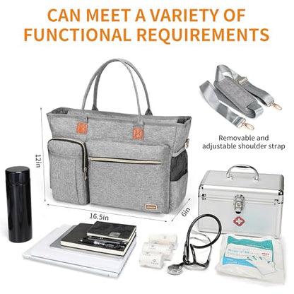 Rabjen Nurse Tote Bag for Work with Padded 15.6” Laptop Sleeve, Medical Supplies Shoulder Bag for Home Health Care - color: Gray