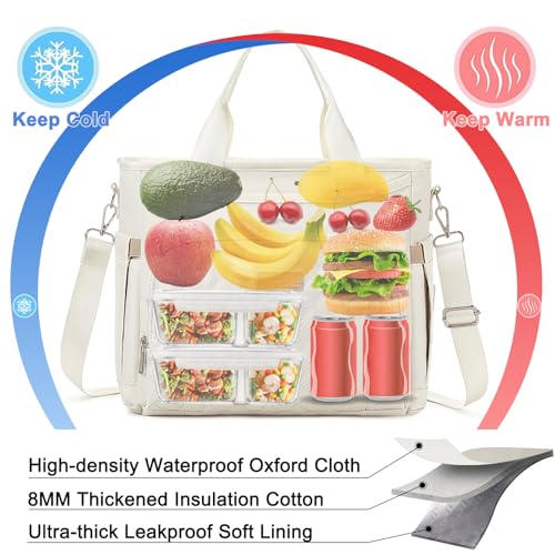 AIJIEKE Large Insulated Lunch Bag for Women Men, Work Lunch Box Tote, Beige | Leakproof, durable multi-compartment cooler. Reusable with shoulder strap. Perfect for travel meal prep, picnic, beach - color: Beige