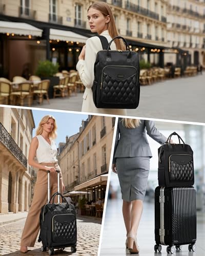 Ytonet Rolling Backpack for Women, 15.6 In Rolling Travel Backpack with 4 Spinner Wheels, Carry On Rolling Laptop Bag with Detachable Trolley, Stylish Wheeled Backpack for College Business Work, Black - color: Black