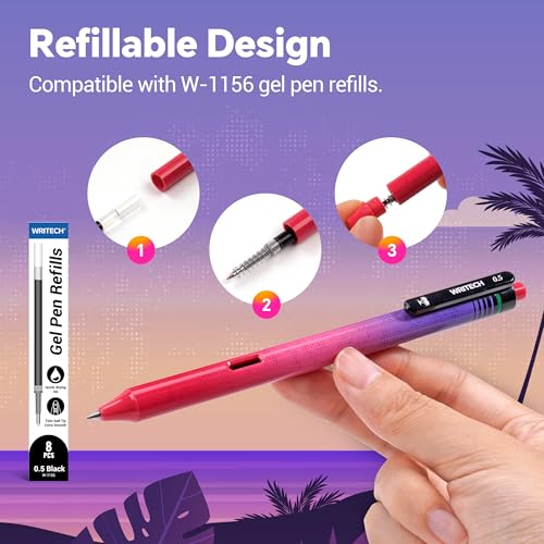 WRITECH Black Ink Gel Pens: 8-Pack Retrowave 0.5mm Fine Point Pens - Smooth Writing Silent Clicker and Refillable Perfect for School Office & Everyday Use. - color: 8 Pcs Retrowave