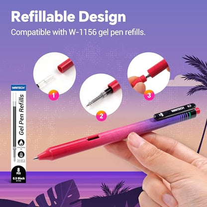 WRITECH Black Ink Gel Pens: 8-Pack Retrowave 0.5mm Fine Point Pens - Smooth Writing Silent Clicker and Refillable Perfect for School Office & Everyday Use. - color: 8 Pcs Retrowave