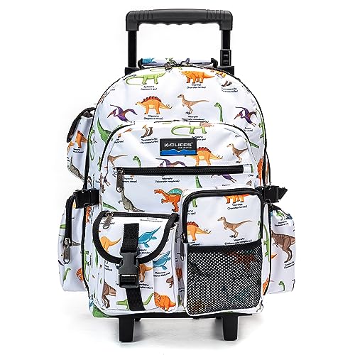 K-Cliffs Heavy Duty Rolling Backpack School Bookbag with Wheels Deluxe Wheeled Daypack - color: Dinosaur