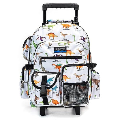 K-Cliffs Heavy Duty Rolling Backpack School Bookbag with Wheels Deluxe Wheeled Daypack - color: Dinosaur