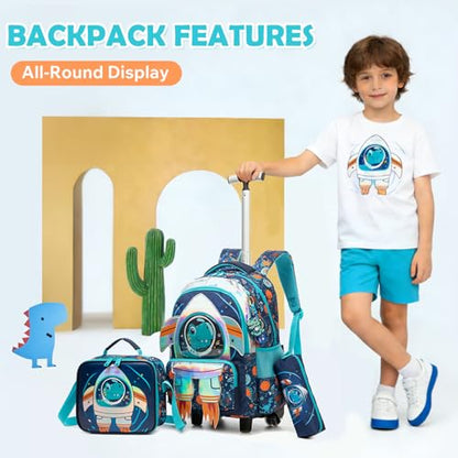 Kids Rolling Backpack for Boys Space Shuttle Trolley Suitcases Luggage with Wheels Bookbag Wheeled 3pcs Preschool Students Elementary Teenagers Lunch Box Pencil Case Blue for Age 5-10 - color: Blue-0201-houjian