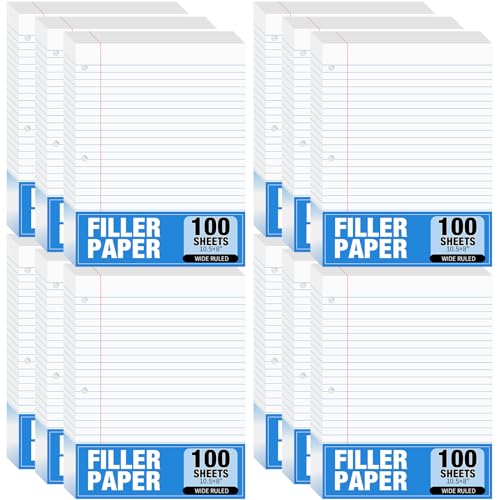Fulmoon 12 Pcs 8" x 10-1/2" Wide Ruled Loose Leaf Paper 3 Hole Punched Notebook Paper 100 Sheets Per Pack, 56 Gsm, Filler Paper for Adults Students Binder College School - size: Wide Ruled