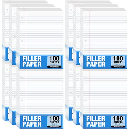 Fulmoon 12 Pcs 8" x 10-1/2" Wide Ruled Loose Leaf Paper 3 Hole Punched Notebook Paper 100 Sheets Per Pack, 56 Gsm, Filler Paper for Adults Students Binder College School - size: Wide Ruled