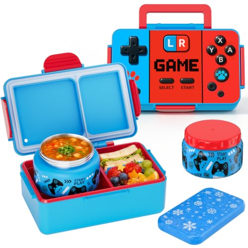 Bento Lunch Box for Kids with Thermos – Game Console Design with 12oz Insulated Stainless Steel Soup Jar and Built-in Ice Pack, 3-Compartment Leak-Proof Kids Bento Box for Boys Girls School Travel - color: Red-Game over