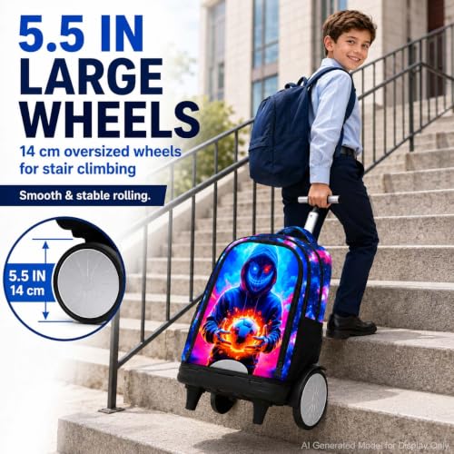 UFNDC Big Wheel Roller Bag, Water-Resistant Rolling Backpack for Boys with Lunch Box & Pencil Case, 3-Pack Kids Wheeled School Bookbag Travel Set - Devil Soccer - color: Rolling Backpack Devil Soccer Blue